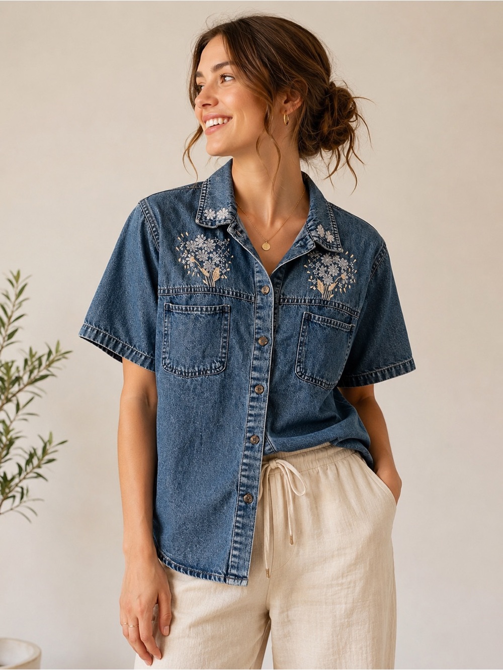 Vintage Acapo Collection Embroidered Denim Button Up Shirt 2X Floral Cottagecore